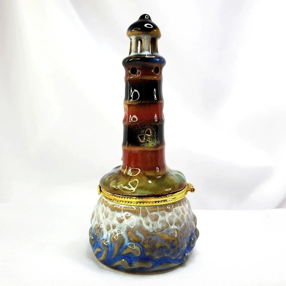 Lighthouse Trinket Box Hand-Painted Gold Butterfly Clasp 5.75